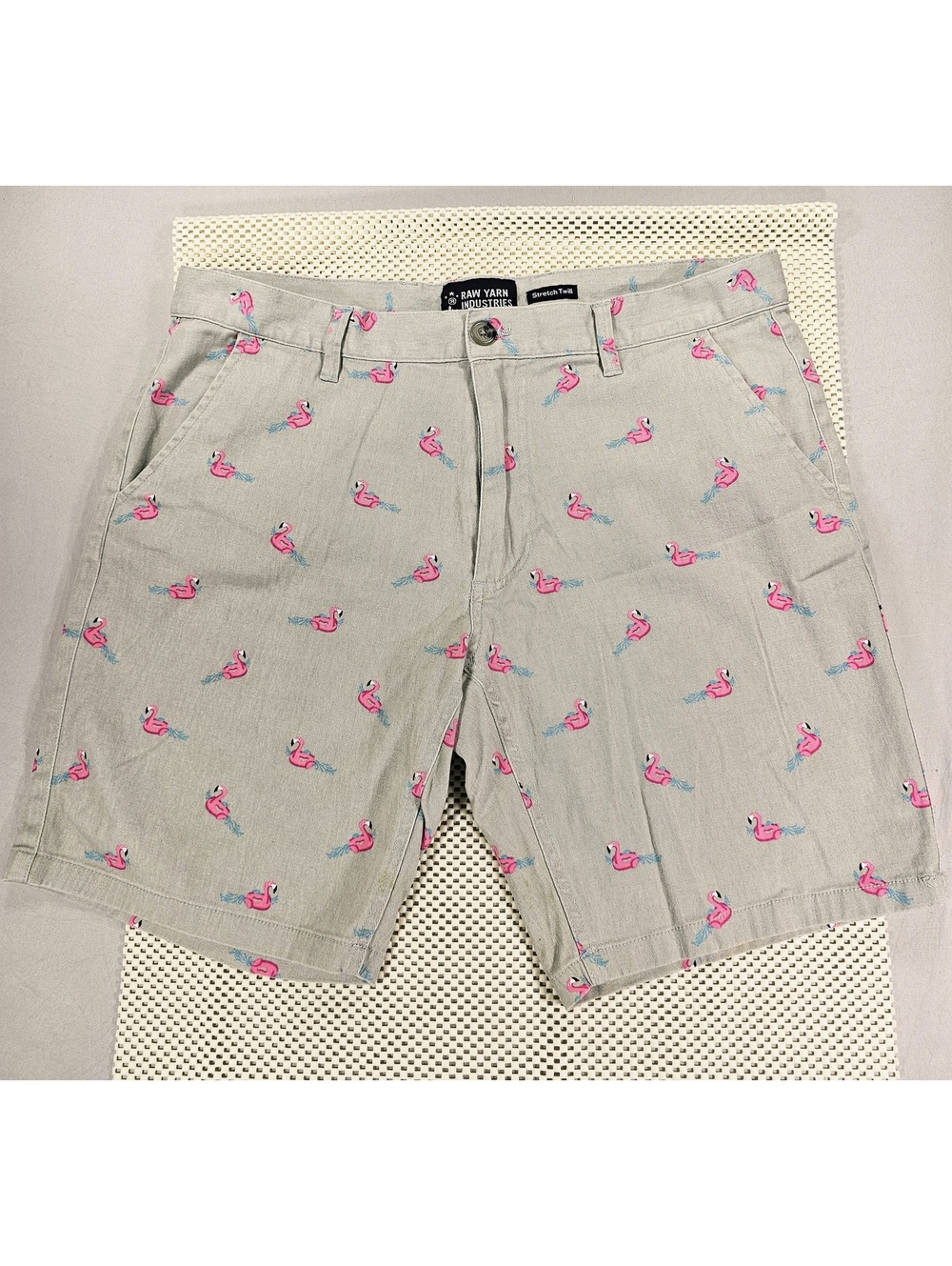 Raw Yarn Industries Flamingo Print Cotton Twill Stretch Shorts. Size 36